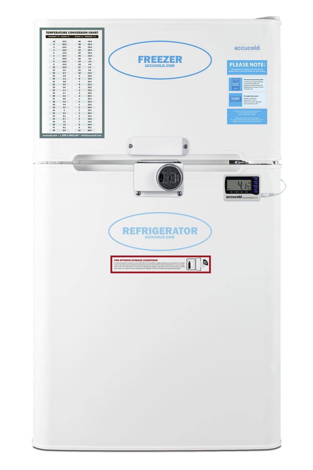 General purpose counter height 2-door refrigerator-freezer with digital refrigerator control, internal fan, combination lock, and NIST calibrated alarm/thermometer